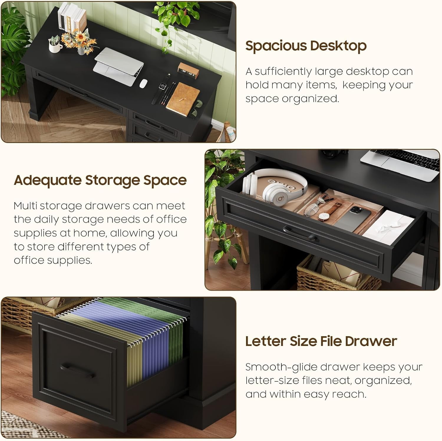 Farmhouse 47" Executive Desk with File Drawer, Computer Desk with 4 Drawers, Workstation for Study, Home Office, Writing, Pure Black.
