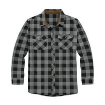 Victory Men's 100% Cotton Brushed Flannel Plaid Shirt with Corduroy Contrast - Grey -XL