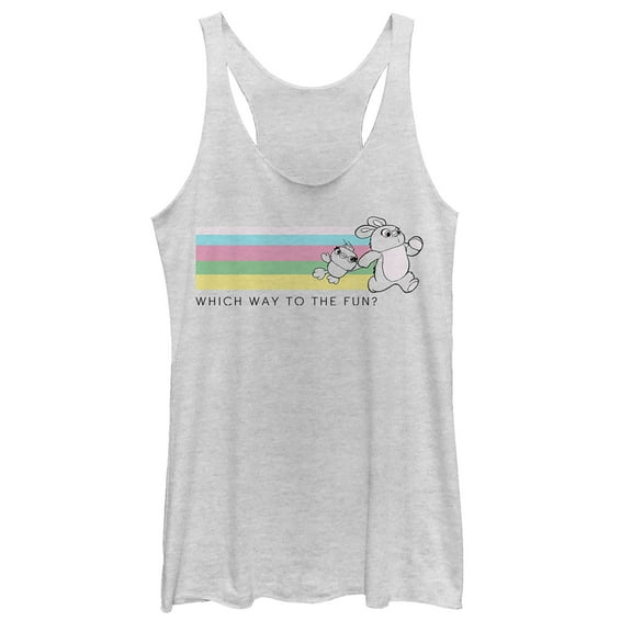 Women's Toy Story Ducky & Bunny Fun Rainbow Race  Racerback Tank Top White Heather Medium
