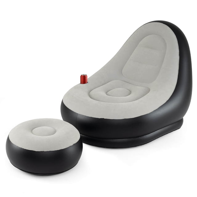 Costway Inflatable Lounge Sofa with Ottoman, Portable Air Sofa for Adults with Flocked Surface