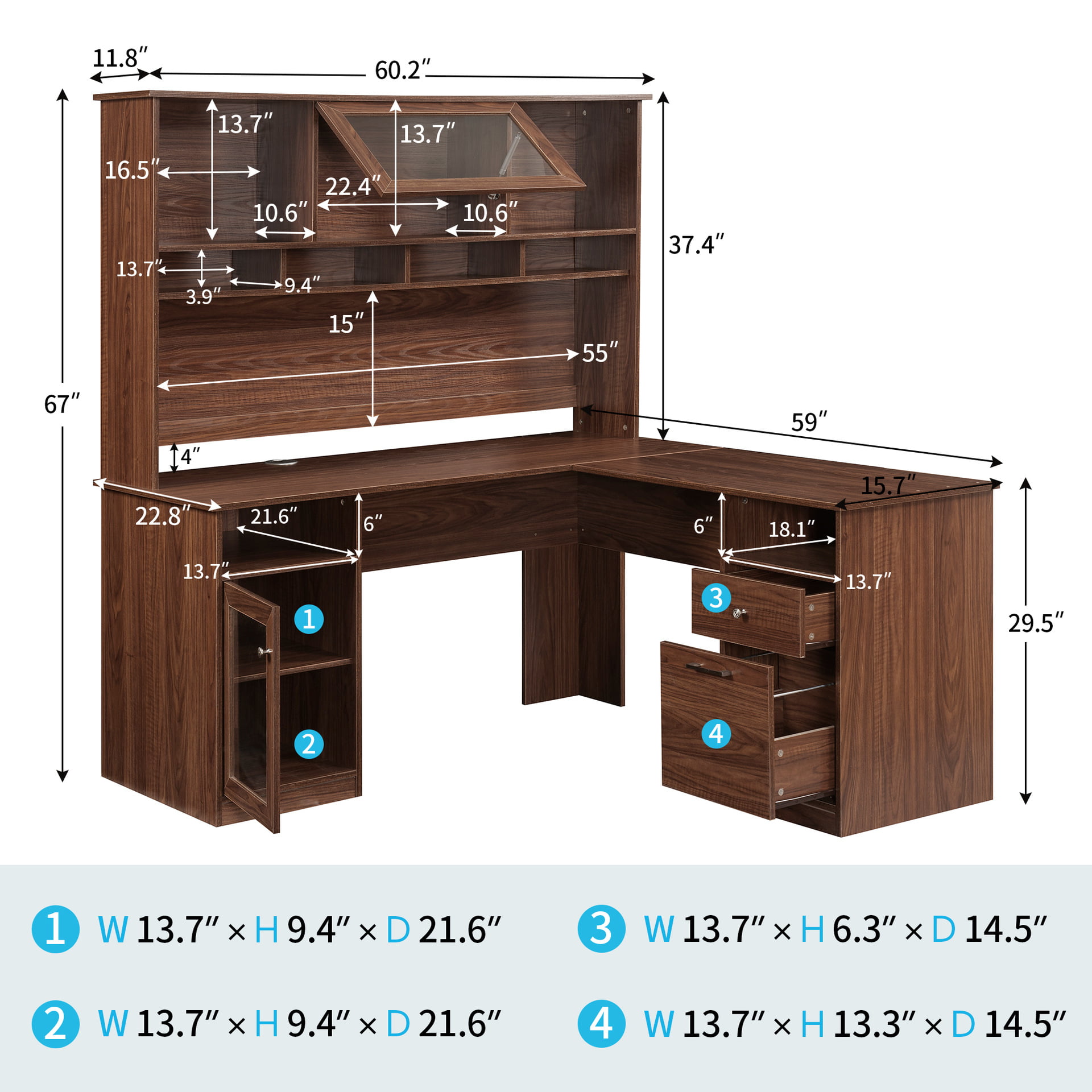 在庫有 and USB LOKATSE Storage HOME Executive Computer Wood Desk  with Drawers Drawers Computer Port Home Office Writing Study Desk with  Hutch， Dark Brown