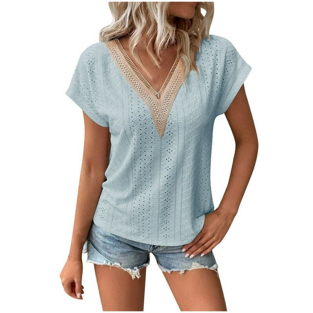 Liquidation! Hauts Grande Taille pour Femmes, Blouse à Manches Courtes d'Été pour Femmes, Mode Blouse Décontractée à Manches Courtes Col en V Unie pour Femmes