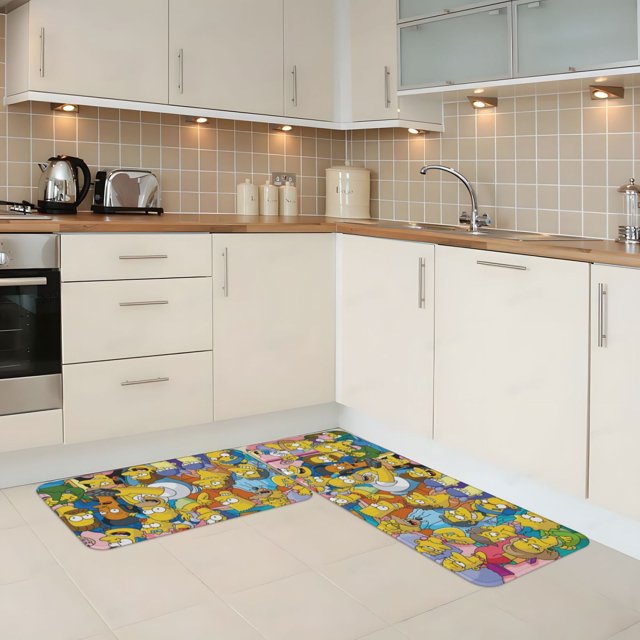 Alfombra y tapete de cocina de terciopelo de cristal de Los Simpsons, 2 piezas, lavable y absorbente, para la parte delantera del fregadero, tapete para el piso de la cocina