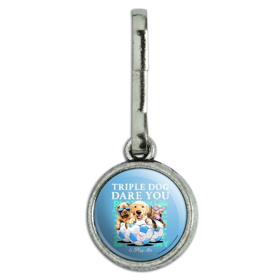 Triple Dog Dare You to Play Me Puppies Soccer Balls Antiqued Charm Clothes Purse Suitcase Backpack Zipper Pull Aid