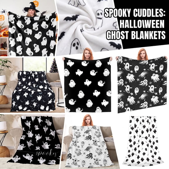 Halloween Ghost Print Flannel Throw Blanket 39.4 x 51.2 Inch for Cozy Living Room Decor, Soft Lightweight Decorative Bed Blanket for Fall Seasonal Home Comfort, 1Pack A