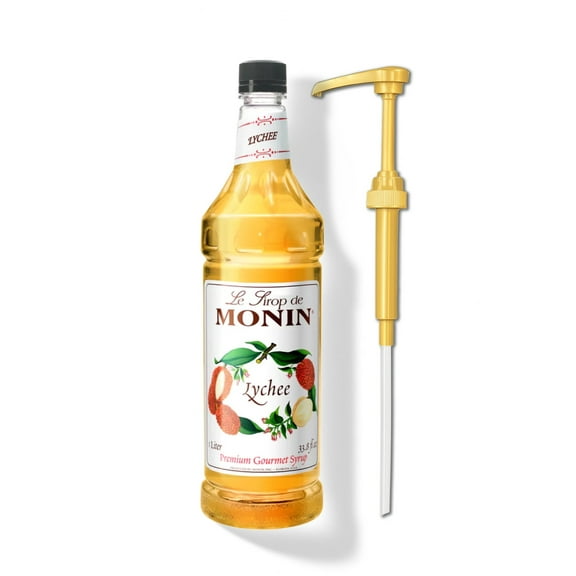 Monin Lychee Syrup, 1 Liter Plastic Bottle Gold Pump