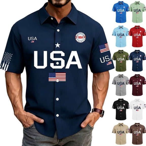 Mens 250 Anniversary USA Shirt Patriotic American Flag Polo Tshirt 1776-2026 Anniversary Button Up Lapel Shirts with Bold Lettering and Flag Details Army Green L