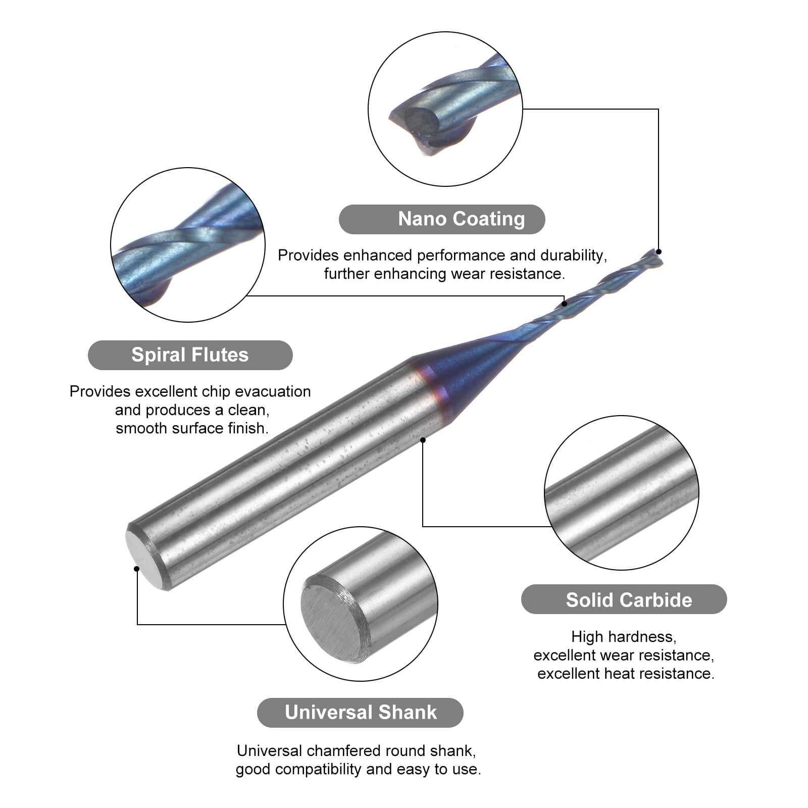 Uxcell Spiral Router Bit 1/16" Dia 1/4" Shank Up Cut 2 Flutes Blue Nano Coated CNC End Mill Milling Bits