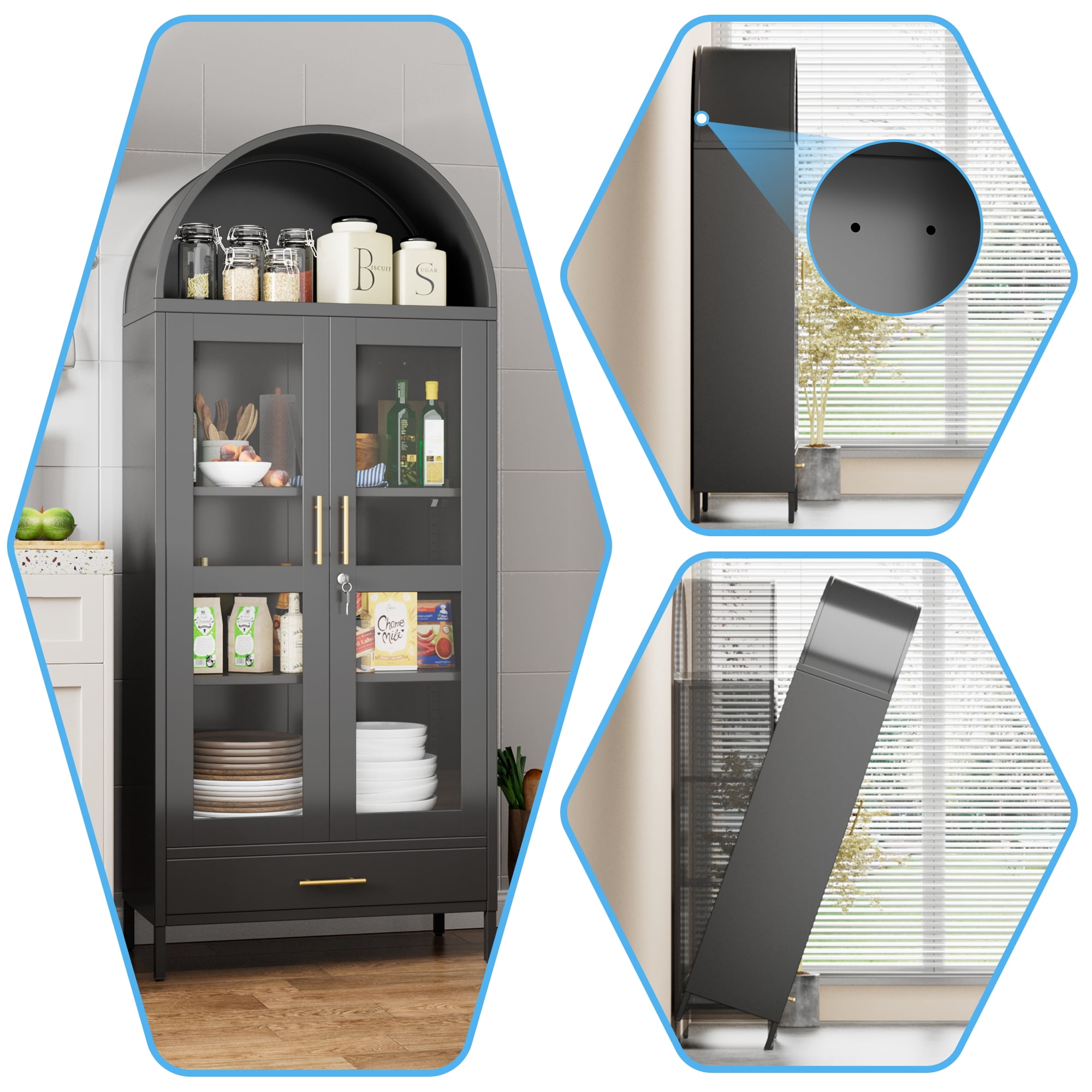 Supeer 73-Inch Tall Arched Kitchen Pantry Lockable Storage Cabinet with Glass Door, 1 Drawer, 2 Shelves, Black, Assembly Required