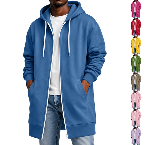 Dwellite Long Zip Up Hoodie Men Casual Lightweight Jacket Hooded Long Sweatshirt Full Zip Jacket with Pockets Royal Blue 2XL