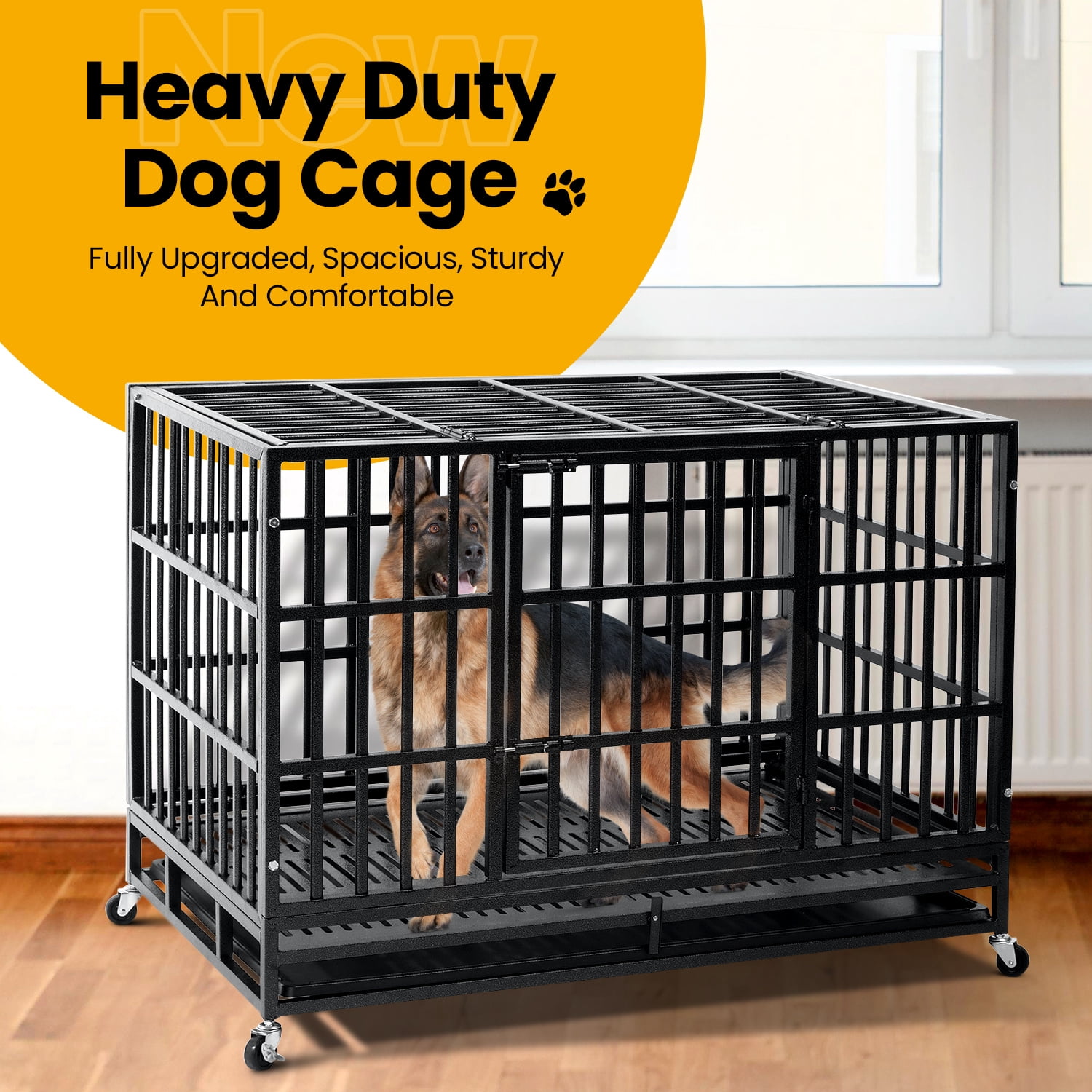 WOKEEN 38 inch Heavy Duty Indestructible Dog Crate,New Upgrade Tray for Large Dogs,XL Dog Crate for High Anxiety Dogs/Sturdy Locks/Double Door with Wheels