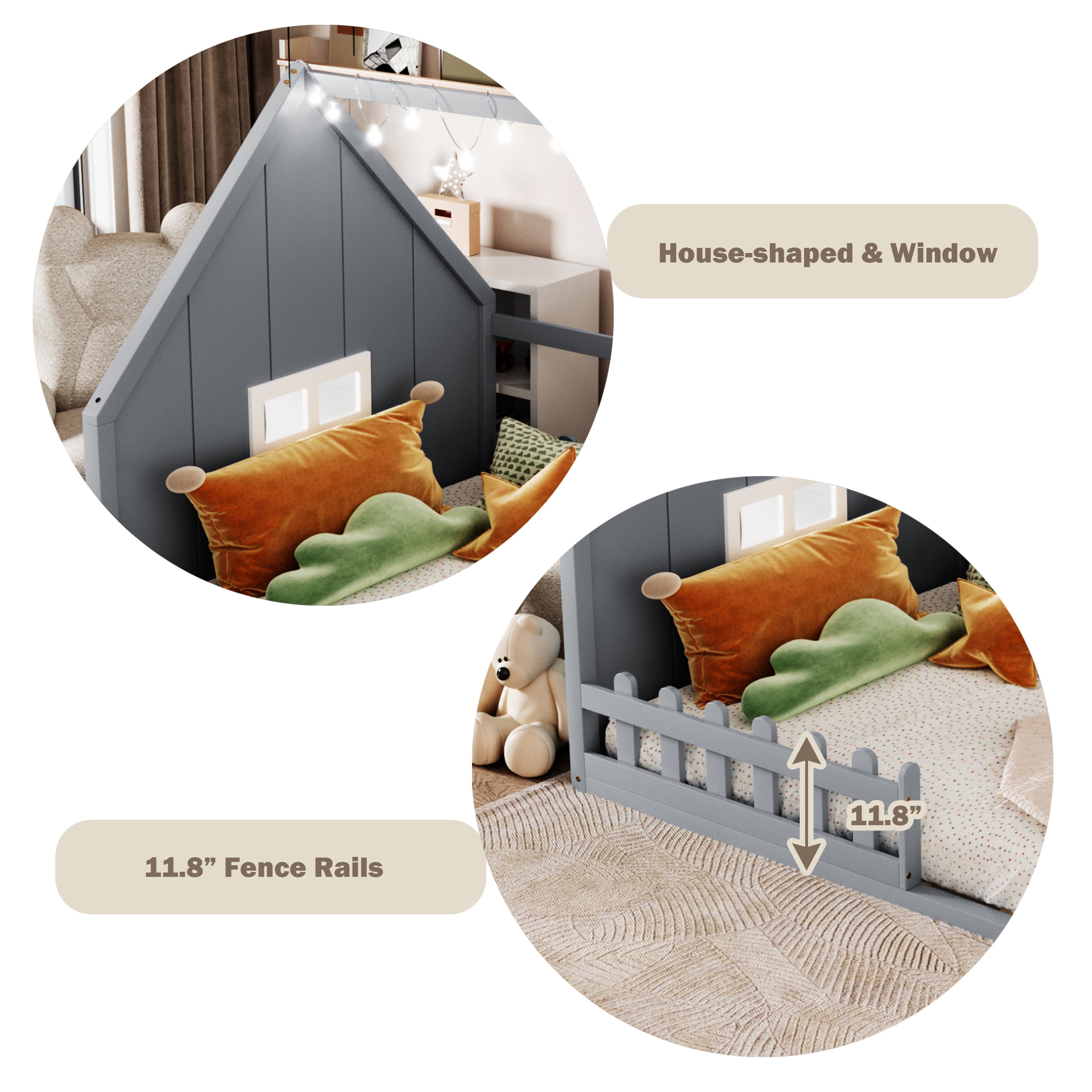 Bellemave House Bed with LED Lights Full Size Floor Bed with Fence Railings and Window, Wooden Montessori Floor Bed, Full Size Bed Frame, Gray with Light