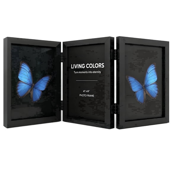 WARM&LOVE 5x7 Inch Tri-Fold Photo Frame, 3-Opening Hinged Wood Picture Frame, Black Family Photo Collage for Tabletop Home Decor