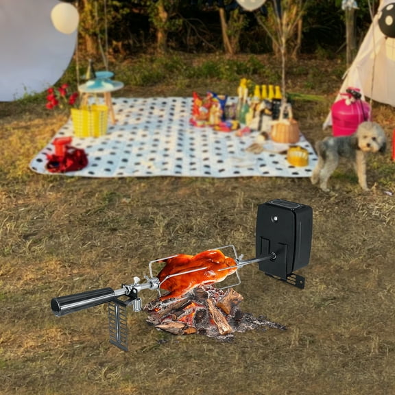 Portable Stainless Steel Rotisserie Kit with Electric Motor, 2 Spit Rods & Meat Forks, for BBQs, Camping, and Picnics (Batteries Not Included)