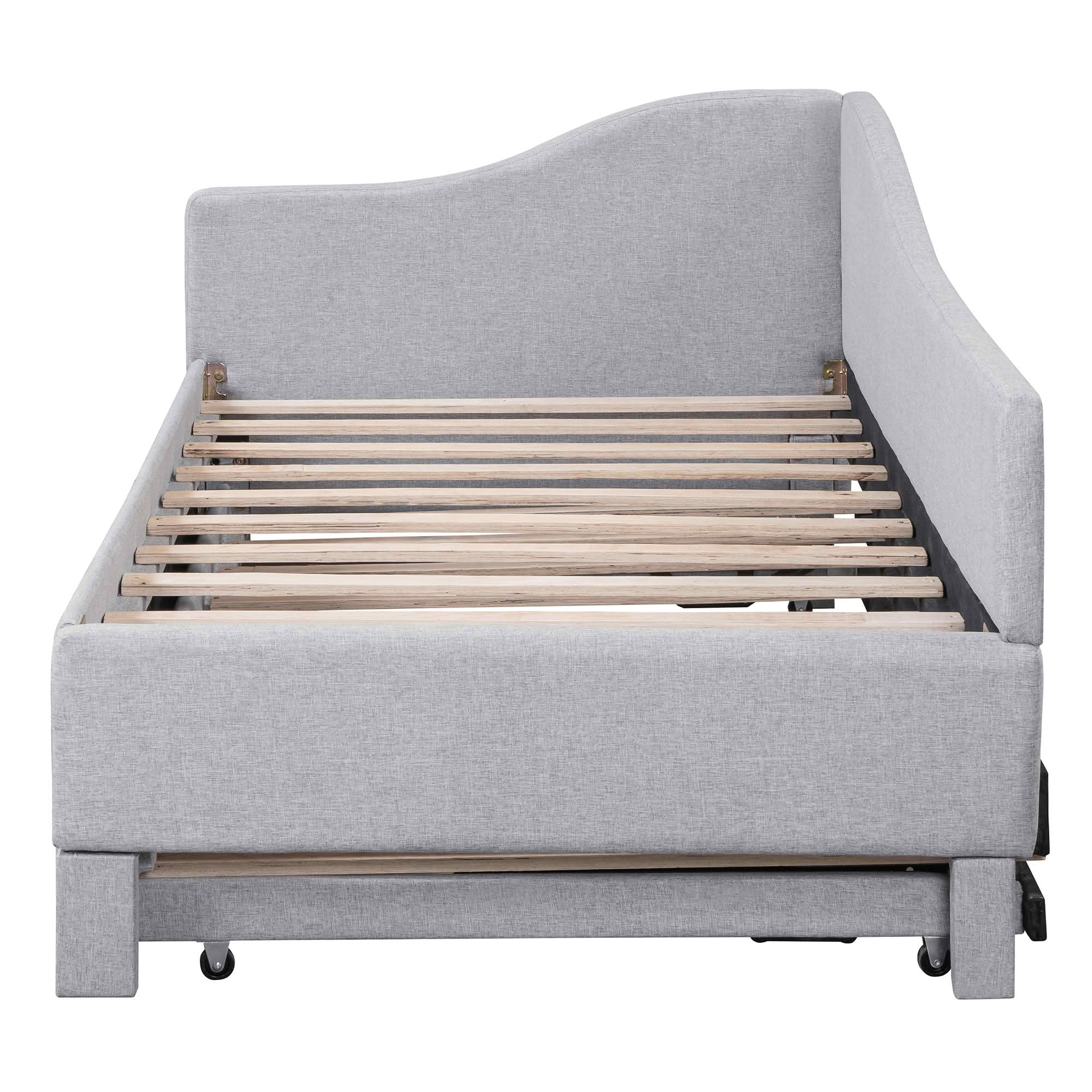 MAYEERTY L-Shaped Linen Upholstered Daybed with Twin to King Expandable Trundle, No Box Spring Needed
