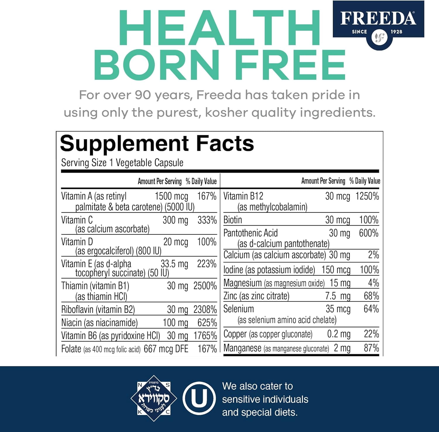 Freeda Quintabs-M Iron-Free One Daily Adult Multivitamin Capsules Gluten Free and Sugar Free Dietary Supplements, 100 Count