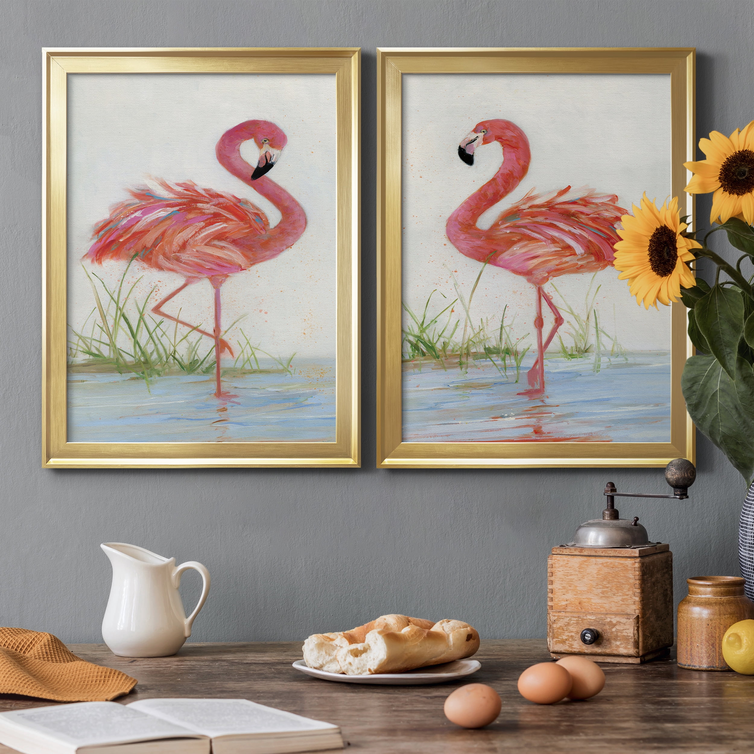 2 Piece Set Flamingo I Premium Framed Canvas - Ready to Hang - 22.5 x 30.5 Each - Gold Frame