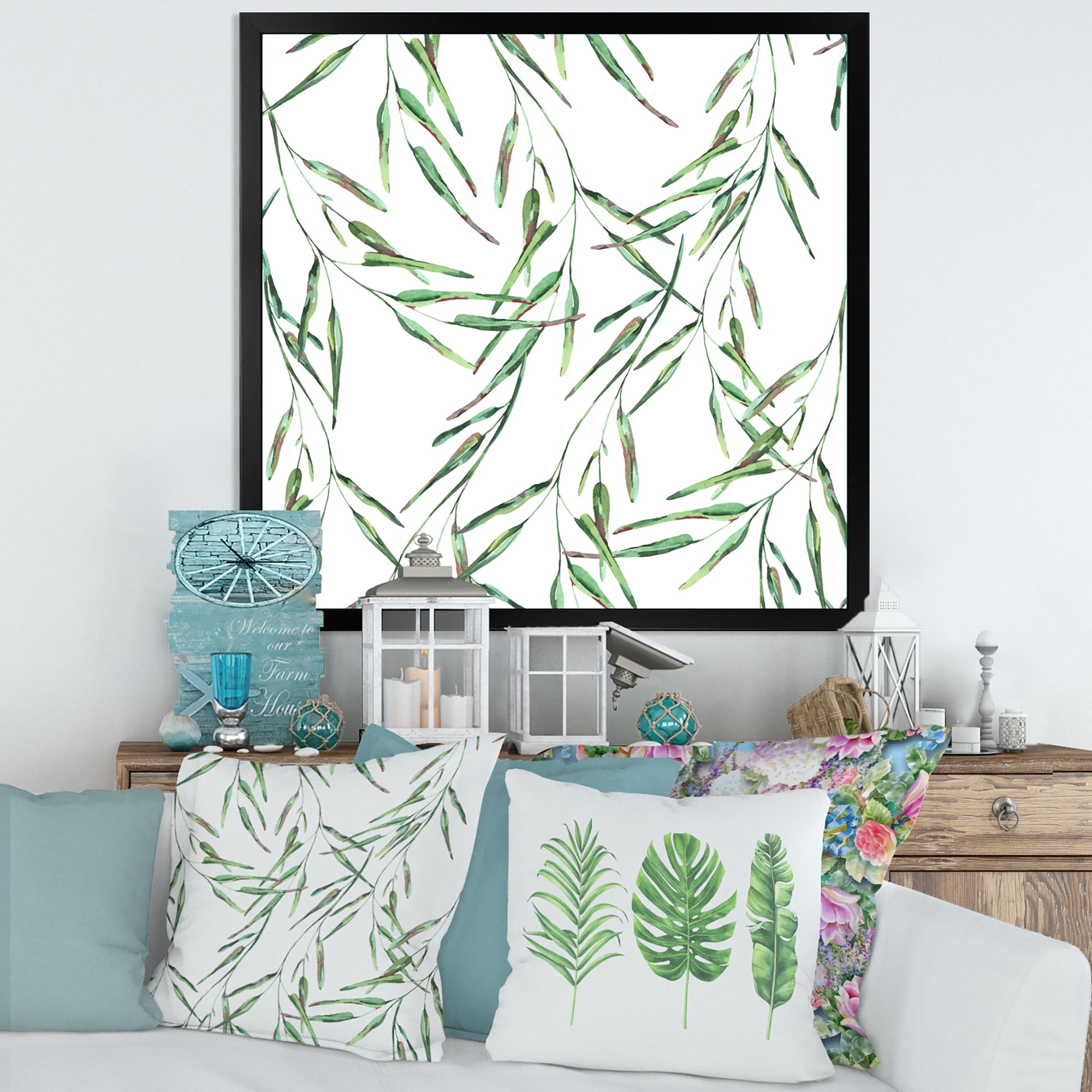 Designart 'Tropical Green Leaves On White In Summer Times II' Tropical Framed Art Print