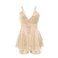thumbnail image 3 of CheerKidz Women's Sequin V-Neck Party Romper, Elegant Holiday Jumpsuit with High Waist,Solid Color Glam Outfit(Beige,XL), 3 of 5