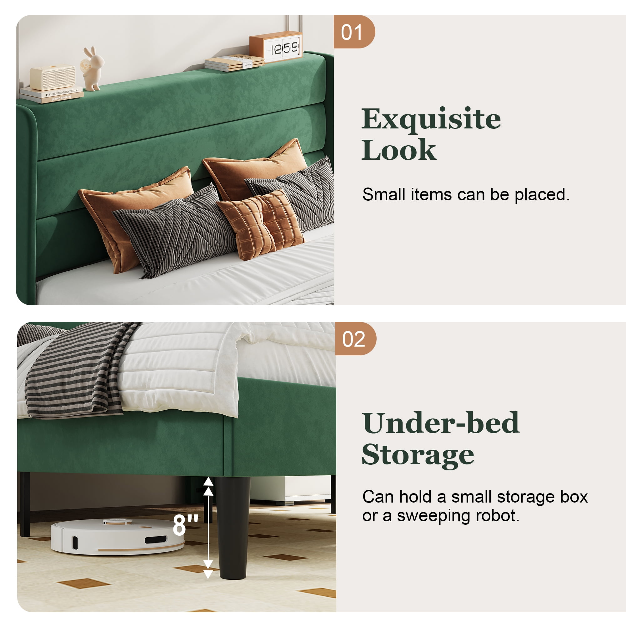 Amolife Full Size Platform Bed Frame with Velvet Upholstered Wingback Headboard, No Box Spring Needed, Green
