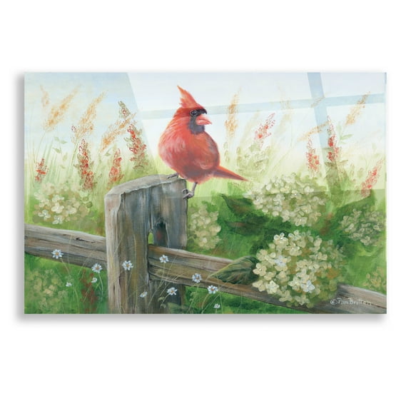 Epic Art 'Cardinal on Fence' by Pam Britton, Acrylic Glass Wall Art, 16"x12"