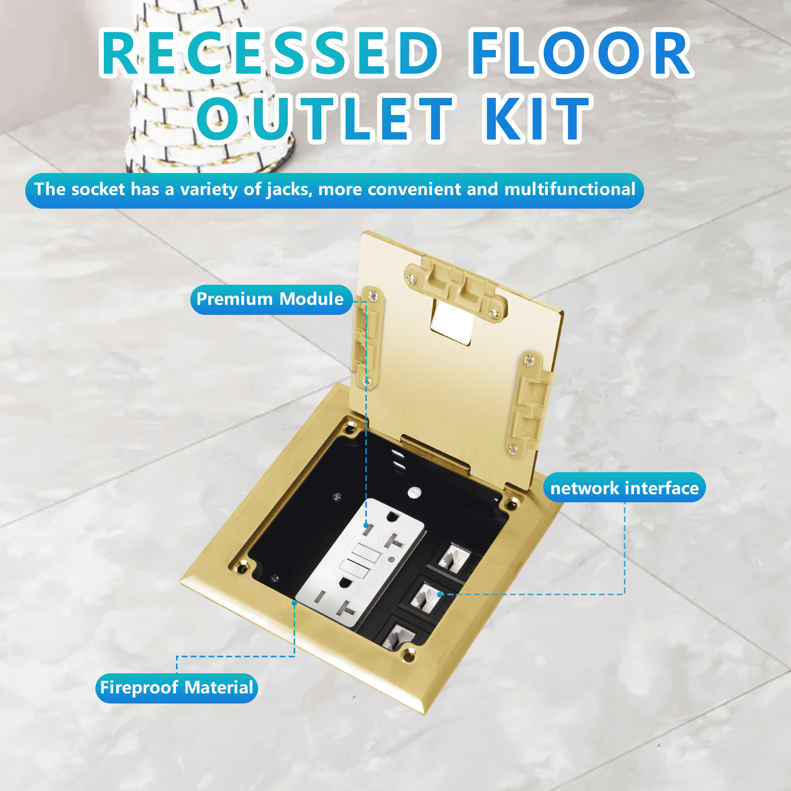 KYHSHJ Recessed Flat Hidden Socket Kit with 2 * 20 Amp Stainless Steel GFCI Tamper Receptacle Outlet+3-Port RJ45 Datacom Receptacle. Internal Height Adjustable，Corrosive Resistant Hardware，Brass