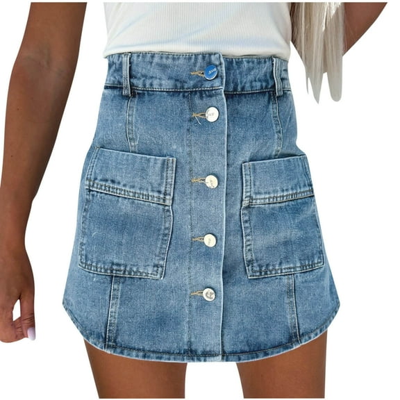 Besolor Denim Skirts for Women Stretch High Waisted Buttons down Distressed Short Mini Jean Skirts with Pockets