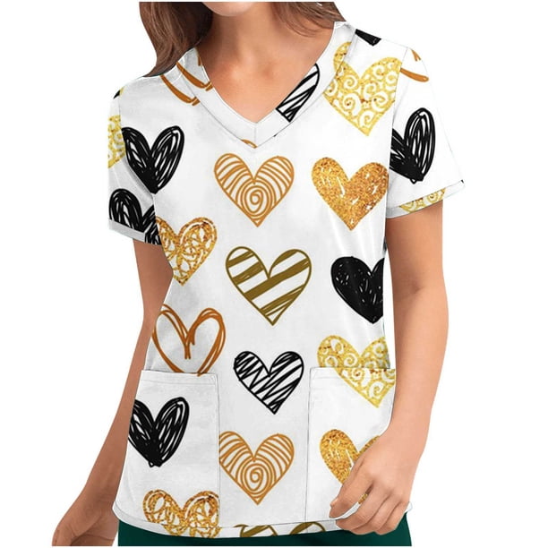 Fiudx Ofertas de La Semana Blusa de Manga Corta con Cuello En V para Mujer, Uniforme, Blusa con Bolsillos Estampados para El Día de San Valentín