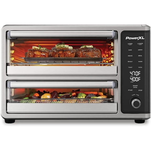Dual Door Oven, 8 Quick-Touch Presets: Air Fry, Toast, Bake, Broil, Reheat & More. Cook 2 Different Foods Simultaneously. Large Capacity & Adjustable