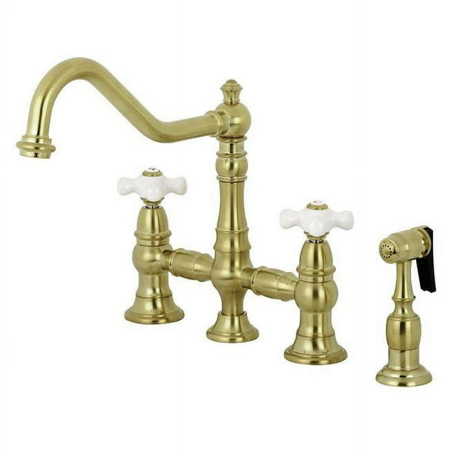 Kingston Brass KS3277PXBS Restoration 8-Inch Bridge Kitchen Faucet with Sprayer Brushed Brass