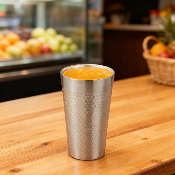 3 Pcs 15 fl oz / 450 ml Stainless Steel Insulated Cup Set, Double Wall Drinking Cups, Hammered Design, Stackable Cups, for Beer, Coffee, Water, Silver