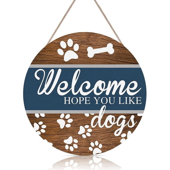Welcome Hope You Like Dogs Rustic Wood Sign Plaque (12"x 12"), Dog Bones Footprints Vintage Wall Door Art Sign, Cute Wooden Hanging Sign Decor for Living room Farmhouse Front Door Entryway
