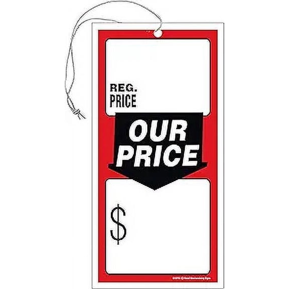 S10PRC Our Price Regular Price Elastic Knotted Price Strung Tags with Strings Merchandising Hang Tags Pack of 100 (2 5/8" x 5 1/4") Business Store Signs