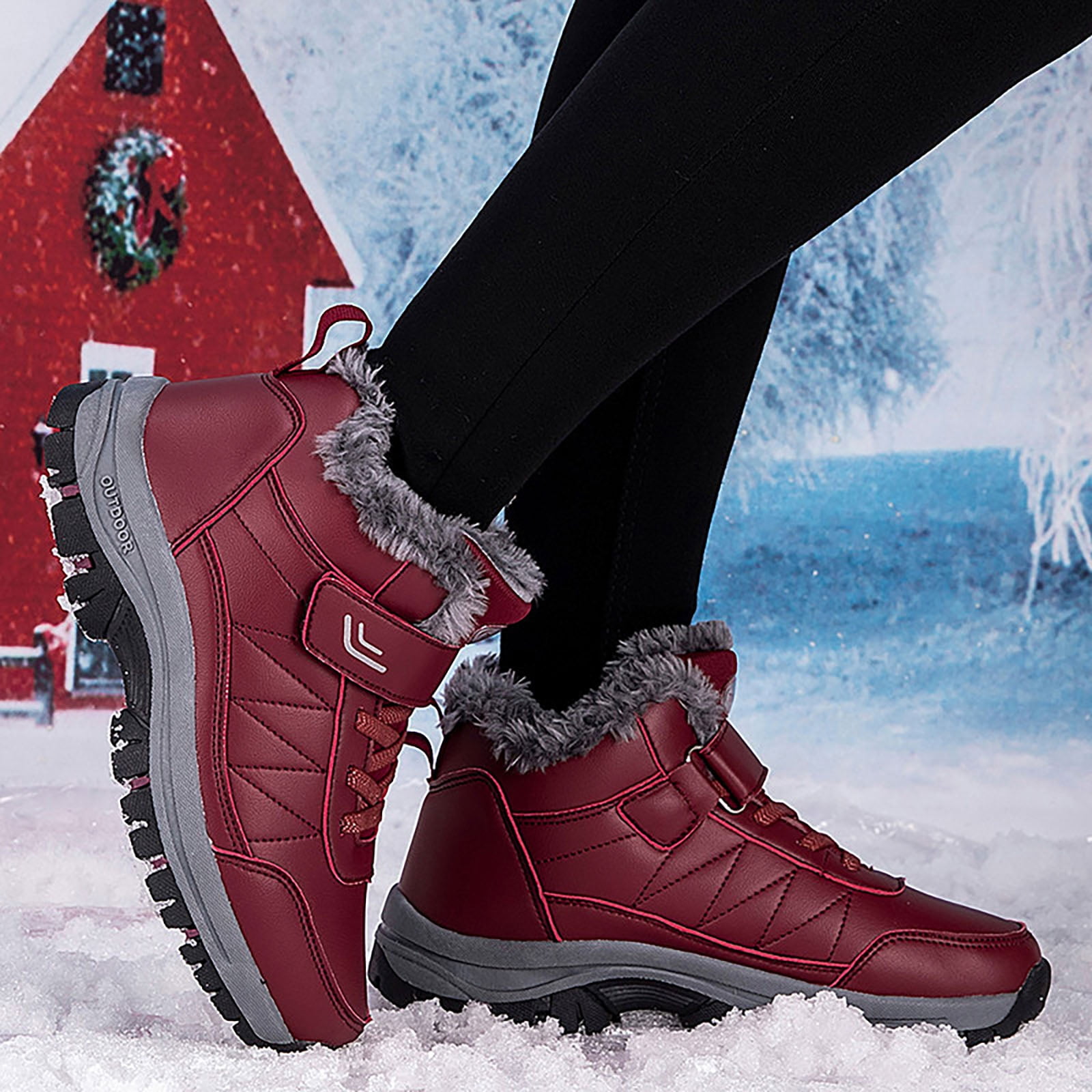 Waterproof Snow Boots for Women Outdoor AntiSlip Trekking Hiking Shoes Lace up Hook and Loop Plush Lined Winter Booties Red 10