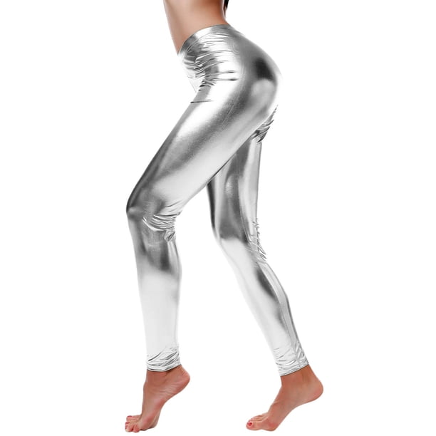 MKLEKYY Leggings deportivos mujer Leggings de cuero para mujer Pantalones de cintura metálica con aspecto mojado