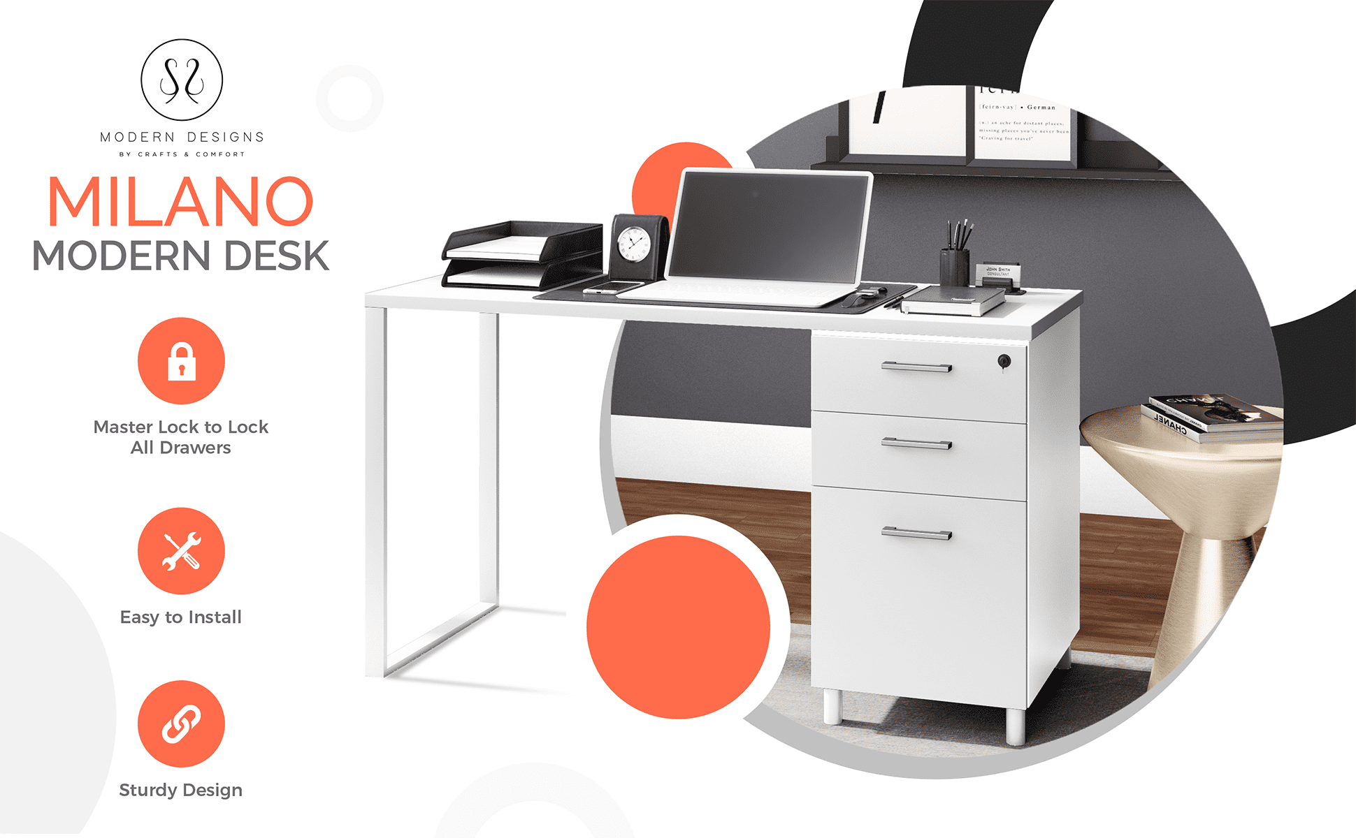 Modern Designs by Crafts and Comfort Milano Modern Home & Office Computer Desk - 47 Inch with 3 Locking Drawers - Wooden Study Writing Desk with Storage Space - White