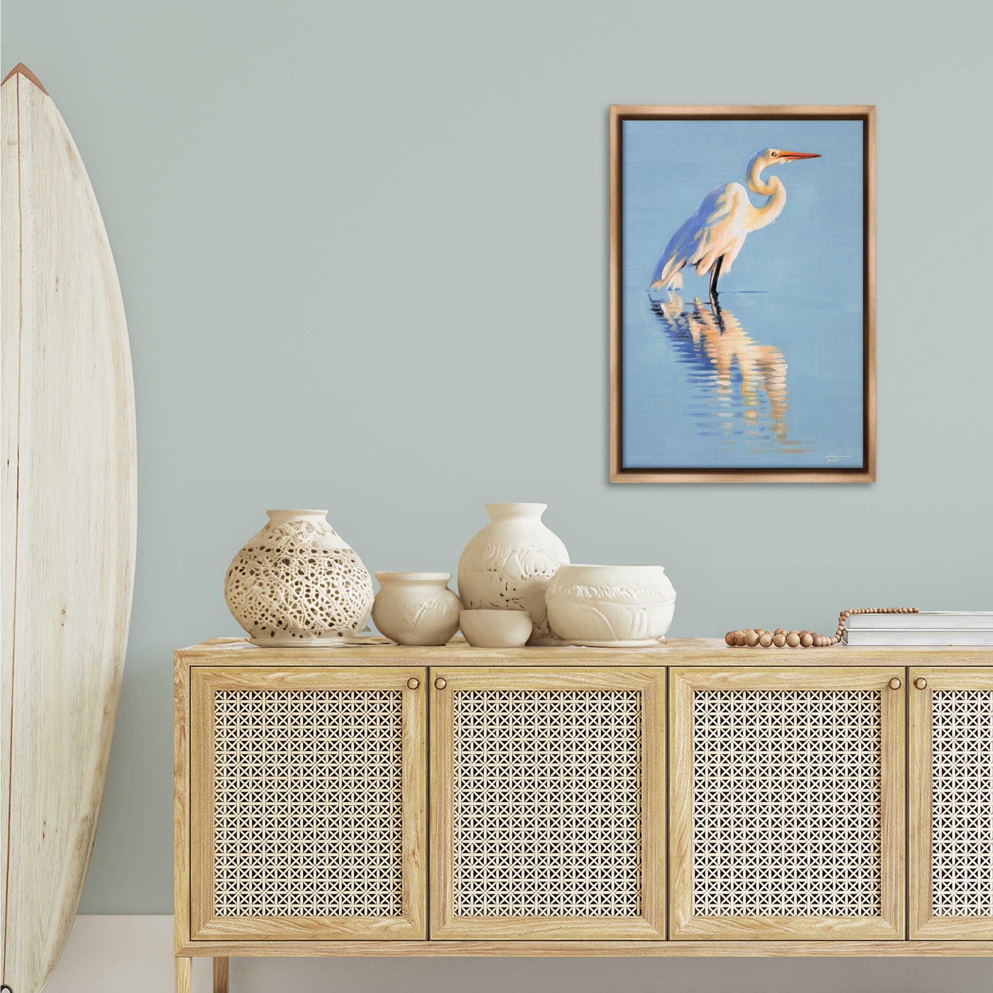 Stupell Industries Blue Egret Reflection Animals & Insects Painting Brown Floater Framed Canvas Art Print Wall Art, 21 x 31