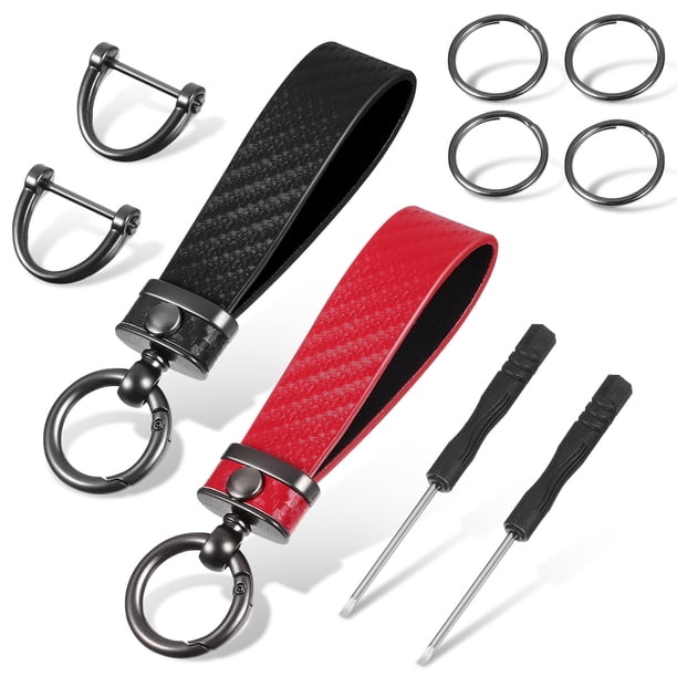 BRIGHTFUFU 2 conjuntos de llaves de llaves de cuero de fibra de carbono con anillos redondos anti-perdidas de D-Prast, anillos redondos y herramientas de instalación.