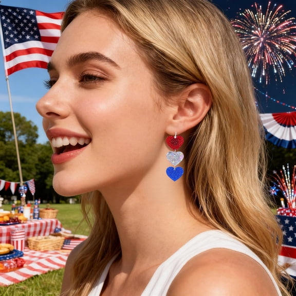 Patriotic Stripe Dangle Earrings for Women 4th of July, Red White Blue Metal Heart Drop Earrings, Independence Day Patriotic Earrings Decoration Gift