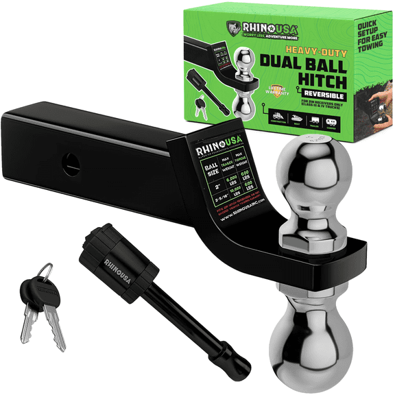 Rhino USA Dual Ball Hitch (Fits 2-Inch Receiver) - Heavy Duty Reversible Tow Hitch for 2 Inch and 2 5/16 Trailers (10,000 LBS GTW) - Weatherproof Anti-Theft Locking Hitch Pin Included