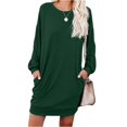 thumbnail image 3 of Women's Casual Dress Long Sleeve Round Neck Solid Color with Pocket Classic Fit Midi Dress for Spring Fall Everyday,Army Green,L, 3 of 8