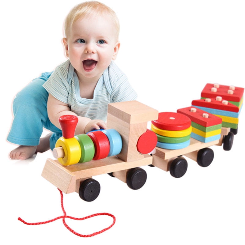 Acutty Baby Wooden Toys Trailer Stacking Shape Geometry Train Colorful Congnitive Educational Blocks Gifts for Children