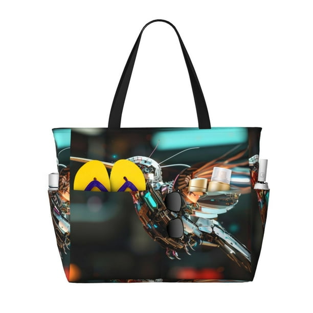 Disketp Futuristic Robot Hummingbird Bolsa de Playa de Gran Capacidad, Bolso Impermeable y a Prueba de Arena para Mujer, Ideal para Playa, Piscina y Natación