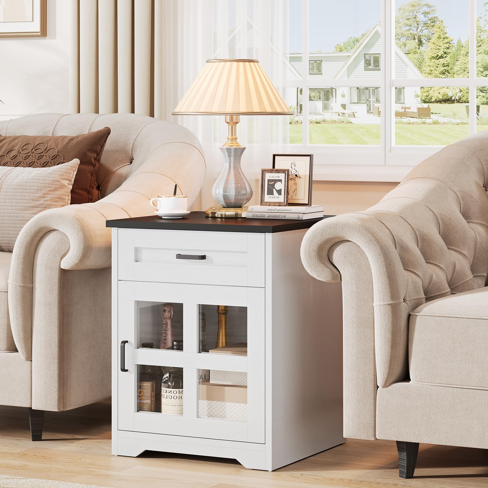 Vividwood Farmhouse End Table with Drawer and Storage Cabinet, 18" Large Side Table Nightstand with Acrylic Door for Living Room, White
