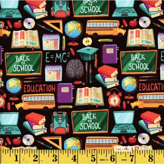 Cotton Back to School Icons School Supplies Computer Books Bus Mook Fabrics Cotton Fabric Print by the Yard (116657)