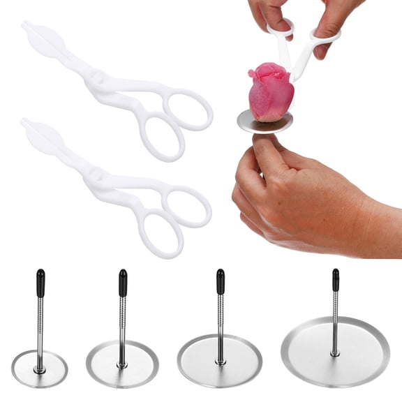Uxcell Cake Flower Nail Set, Cake Decorating Tool Kit with 2 Plastic Piping Scissors and 4 Silicone-Headed Flower Nails for Fondant Icing Flowers Wedding Birthday Baking, White