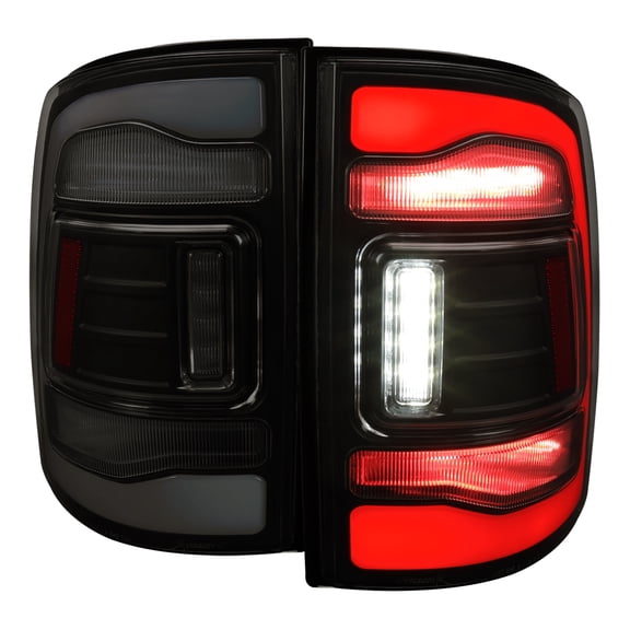 LED FACELIFT STYLE TAIL LIGHTS GLOSSY BLACK HOUSING AND SMOKED LENS - WHITE LIGHT BAR Made for and Compatible with 09-19 DODGE RAM