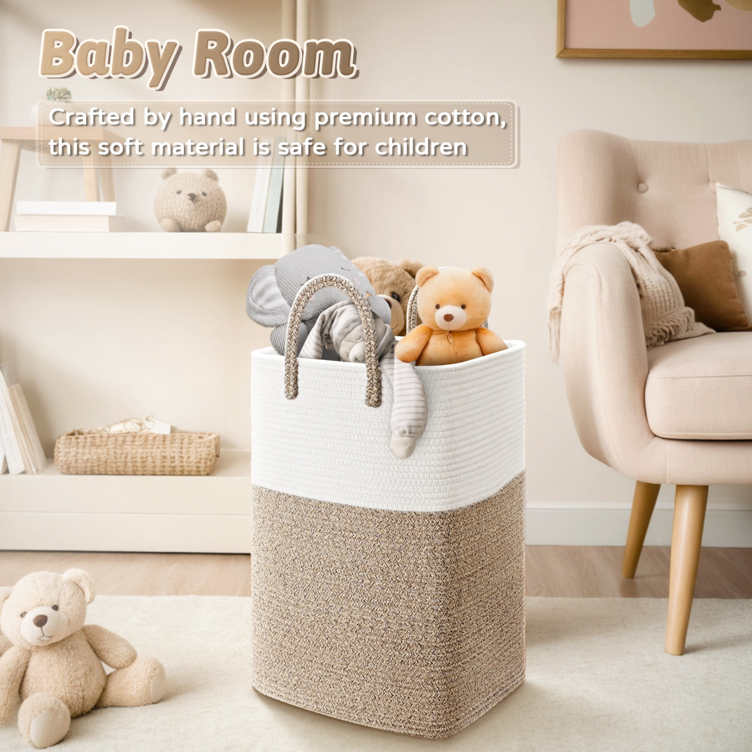 Laundry Basket, Woven Cotton Rope Laundry Hamper, Versatile Storage for Dirty Clothes, Baby Toys, and Blankets in Bathroom, Nursery, and Living Room