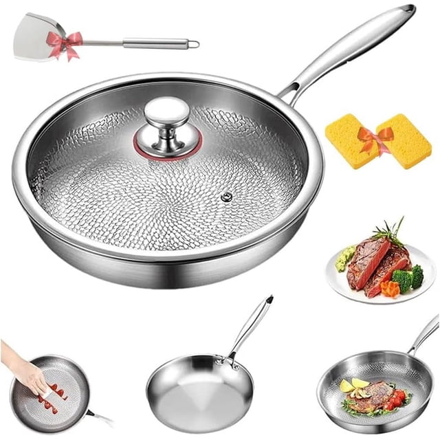 Titanium Skillet Pans with Lid, Ultra-Durable Pure Titanium Pan Cookware Set, Multifunctional Titaniums Frying Pan Nonstick for Cooking Without Coating Durable and Rust-Free(11.02inWith Lid)