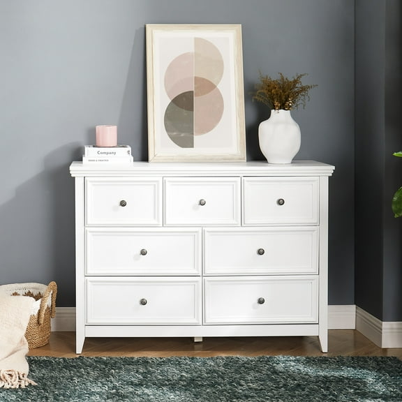 White Chest Of 7 Drawers For Storage - Modern Dresser With Wear- And Easy Assembly Bedroom Drawer Components Classic Metal Handles